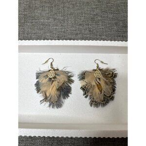 Boho Feather Dangle Earrings w/ Fabric Backing Gold-Tone Accents Womens Fashion